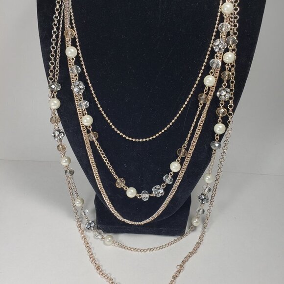 Rose Gold tone Layered Chain Necklace Multi color Beads, Crystal Ball - Women - Picture 8 of 9